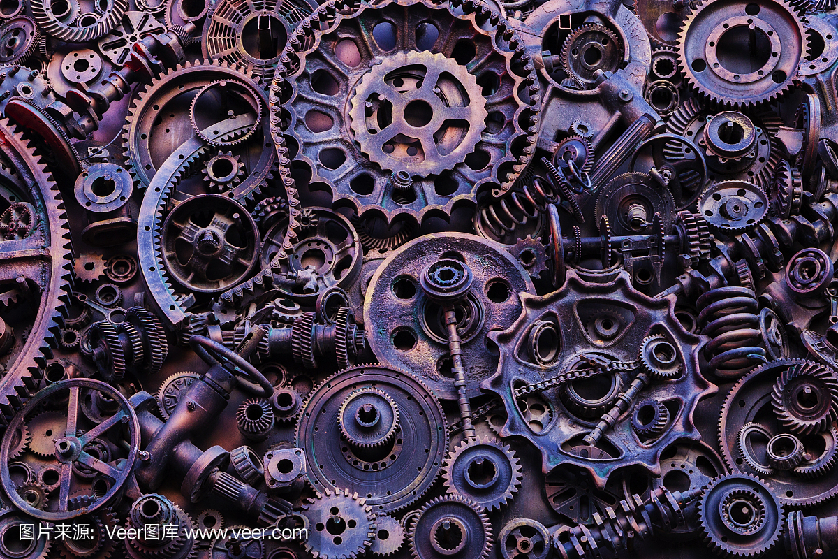 蒸汽朋克的紋理,背景與機(jī)械零件,齒輪,蒸汽朋克齒輪,堆汽車(chē)零件,舊生銹的鐵鏈,彈簧,車(chē)輪,接近